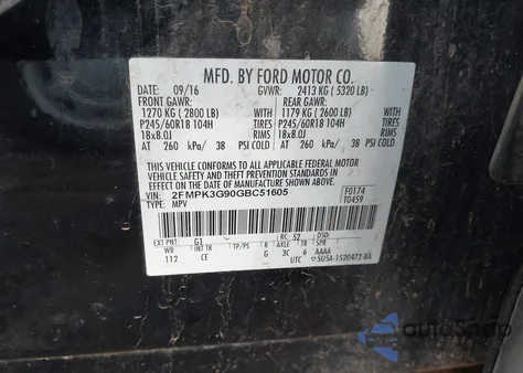 2016 Ford Edge Se z USA, uszkodzony, nr VIN 2FMPK3G90GBC51605